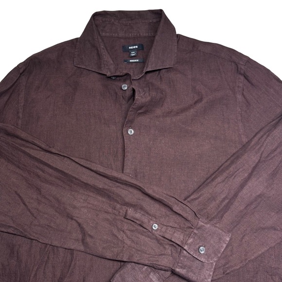 REISS Mens Shirt Chocolate Brown‎ 100% Linen Long Sleeve Button Up Regular Fit - Picture 7 of 8